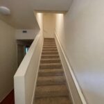 Carpeted stairs with white handrail.