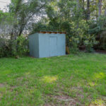 Green shed in a grassy backyard.