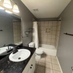 Small bathroom with granite sink and tub.